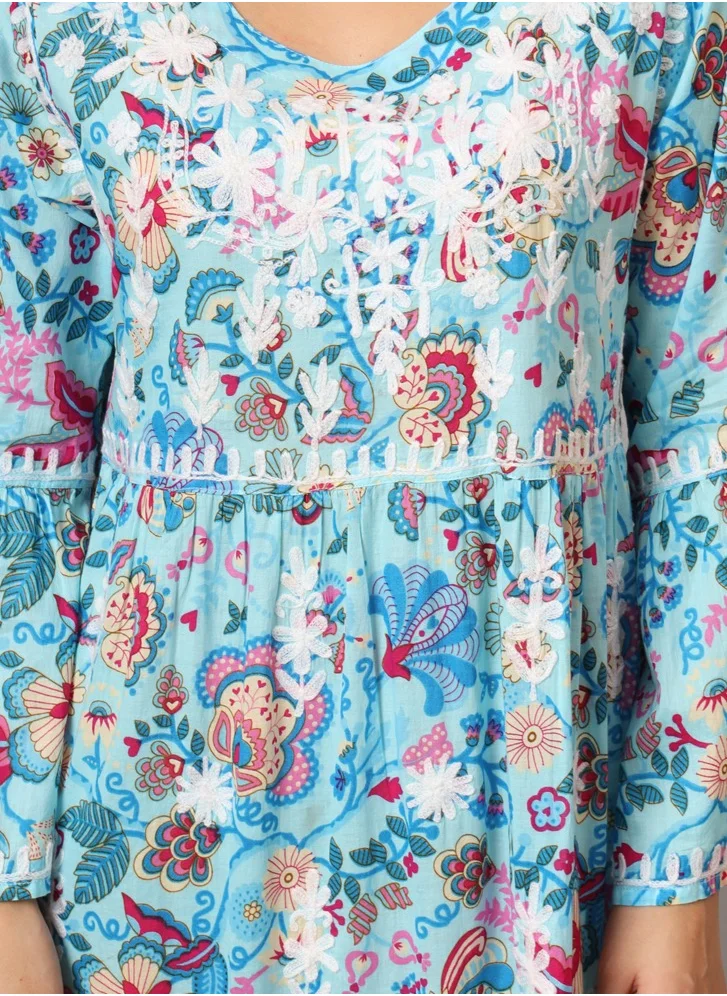 Alaya Hand Embroidered Chikankari A-Line Gathering Pattern Mulmul Cotton Jalabiya-AL3673
