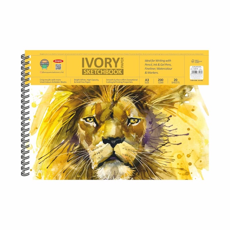 Anupam Ivory Sketch Book A3 Size Spiral-Bound Sketchpad Acid Free Paper 180 GSM (20 Sheets, 40 Pages) - Image 1