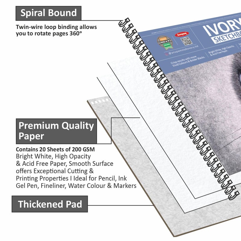 Anupam Ivory Sketch Book A3 Size Spiral-Bound Sketchpad Acid Free Paper 180 GSM (20 Sheets, 40 Pages) - Image 2