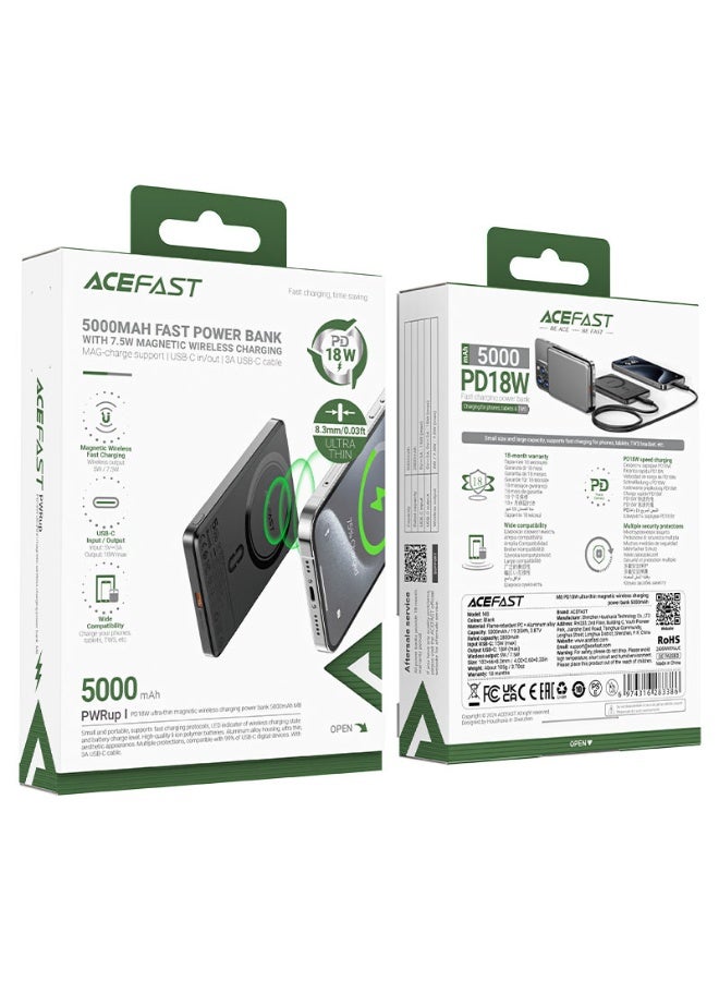 أسيفاست باور بانك 5000 مللي أمبير/ساعة، شحن لاسلكي سريع مغناطيسي PD18W، مؤشر LED، منفذ USB-C واحد، يدعم PD2.0 / PD3.0 / QC2.0 / QC3.0 / AFC / FCP / SCP (M8) - أسود - Image 5