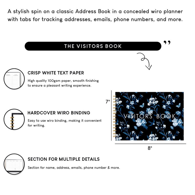 CHAARPAI Visitor Book – 8 x 12 Inches | Navy Blue Floral Wire Bound Guest Register for Hotels, Offices, Exhibitions, Boutiques & Business Use | Medium Size Visitor Log Book for Reception & Front Desk - Image 3
