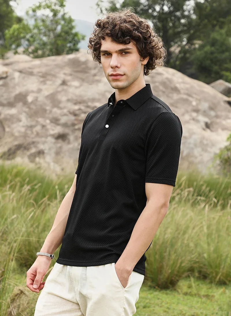Campus Sutra Men's Onyx Black Warp-Tactile Polo T-Shirt