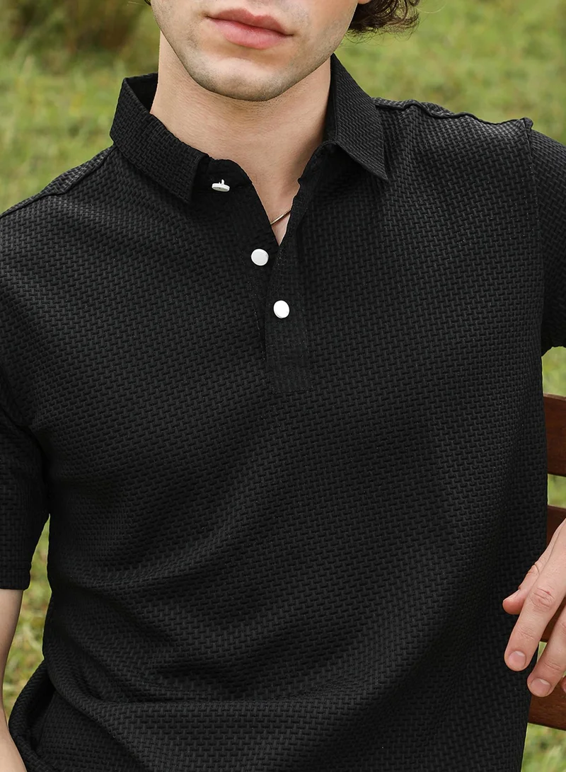 Campus Sutra Men's Onyx Black Warp-Tactile Polo T-Shirt
