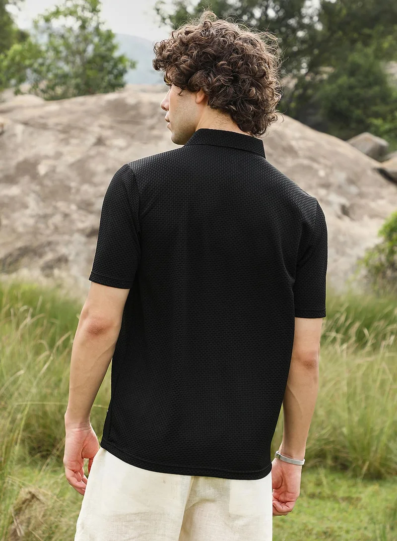 Campus Sutra Men's Onyx Black Warp-Tactile Polo T-Shirt