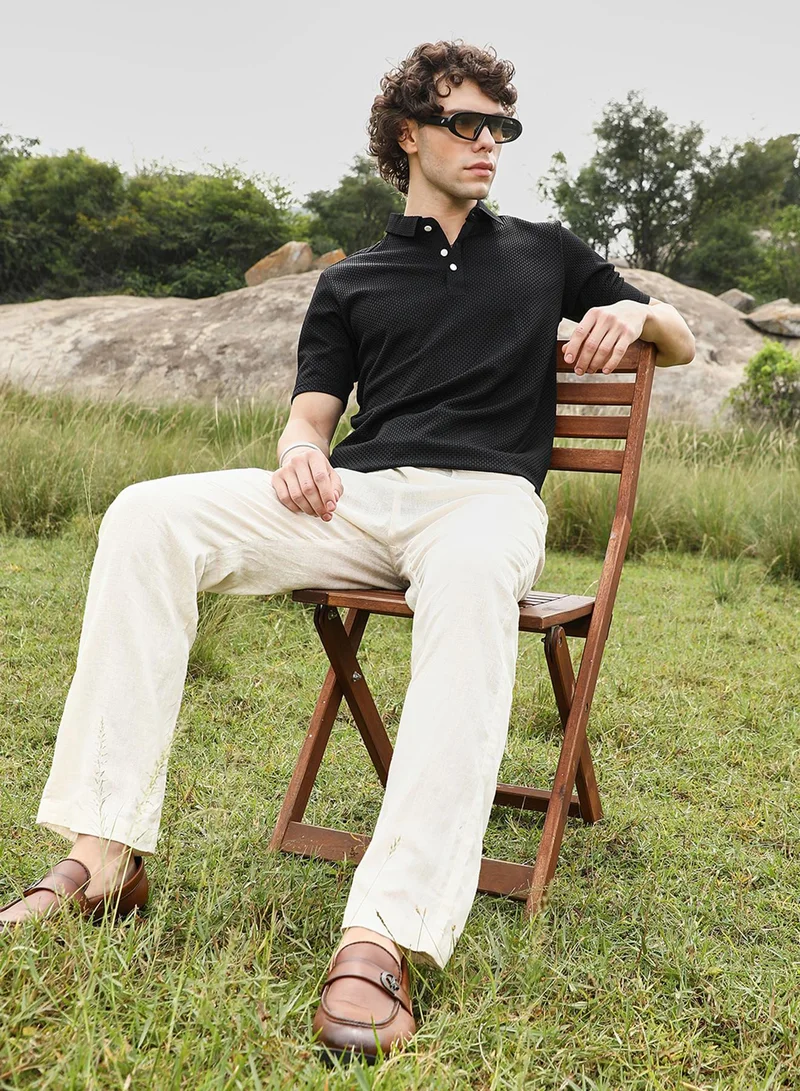 Campus Sutra Men's Onyx Black Warp-Tactile Polo T-Shirt