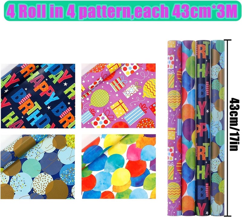 Premify 4 Pack Gift Wrapping Paper Roll Set - Multi-Color Designs for Birthday, Graduation, Eid, and More - Image 2