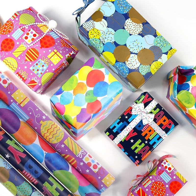 Premify 4 Pack Gift Wrapping Paper Roll Set - Multi-Color Designs for Birthday, Graduation, Eid, and More - Image 5