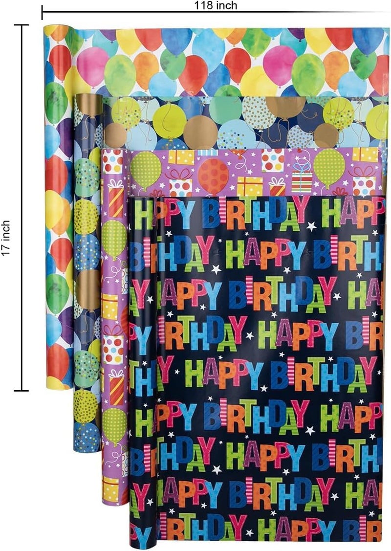 Premify 4 Pack Gift Wrapping Paper Roll Set - Multi-Color Designs for Birthday, Graduation, Eid, and More - Image 3