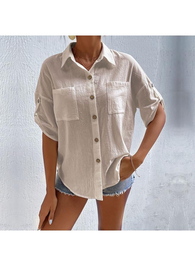 VUELO New Summer European And American Button Cardigan Cotton Linen Top Short Sleeve Pocket Lapel Shirt Women - Image 1