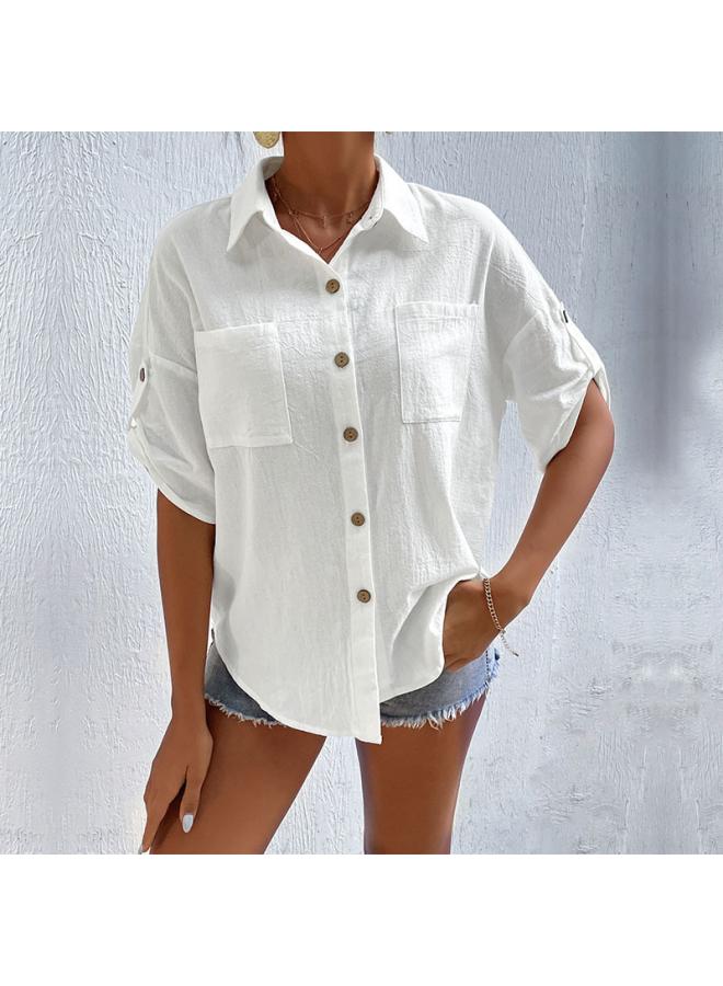 VUELO New Summer European And American Button Cardigan Cotton Linen Top Short Sleeve Pocket Lapel Shirt Women - Image 2