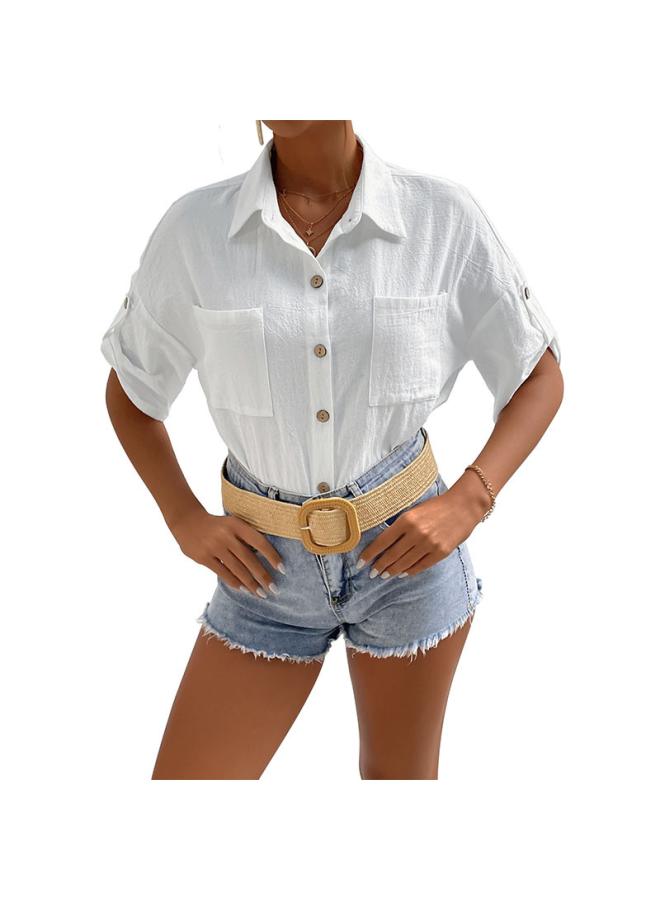 VUELO New Summer European And American Button Cardigan Cotton Linen Top Short Sleeve Pocket Lapel Shirt Women - Image 5