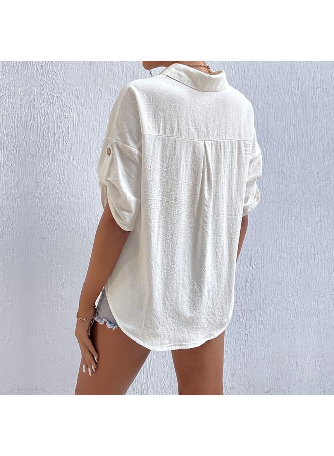 VUELO New Summer European And American Button Cardigan Cotton Linen Top Short Sleeve Pocket Lapel Shirt Women - Image 4