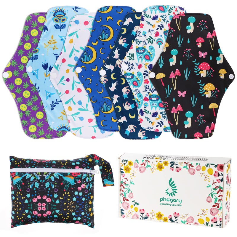 PHOGARY Reusable Menstrual Pads, Bamboo Cloth Pads for Heavy Flow with Wet Bag, Large Sanitary Pad Set with Wings for Women, Washable Overnight Cloth Panty Liners Period(7 in 1, Style G) - Image 1