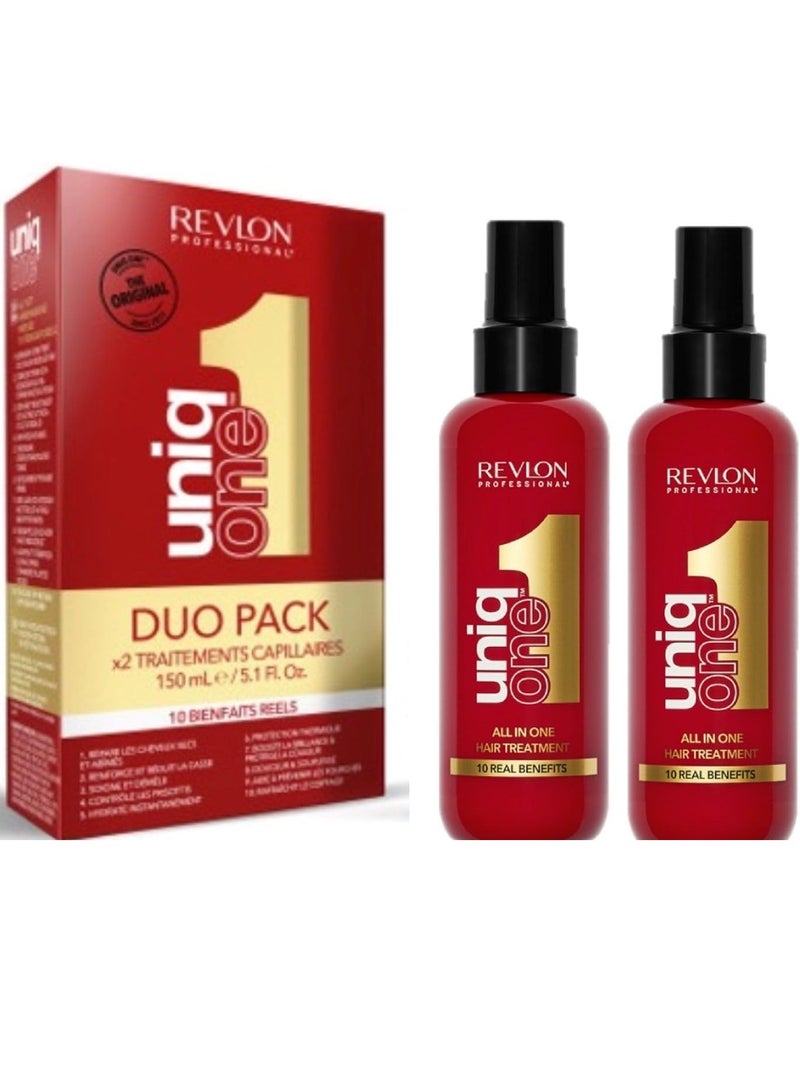 ريفلون مجموعة ديو كلاسيكية لعلاج الشعر من يونيك ون، بخاخ علاجي لمزيد من الكثافة والنعومة وسهولة تمشيط الشعر، عناية بالشعر بدون شطف، يساعد على منع تقصف الأطراف، 2 × 150 مل - Image 1
