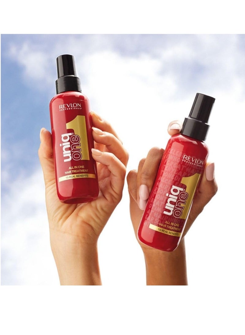 ريفلون مجموعة ديو كلاسيكية لعلاج الشعر من يونيك ون، بخاخ علاجي لمزيد من الكثافة والنعومة وسهولة تمشيط الشعر، عناية بالشعر بدون شطف، يساعد على منع تقصف الأطراف، 2 × 150 مل - Image 3
