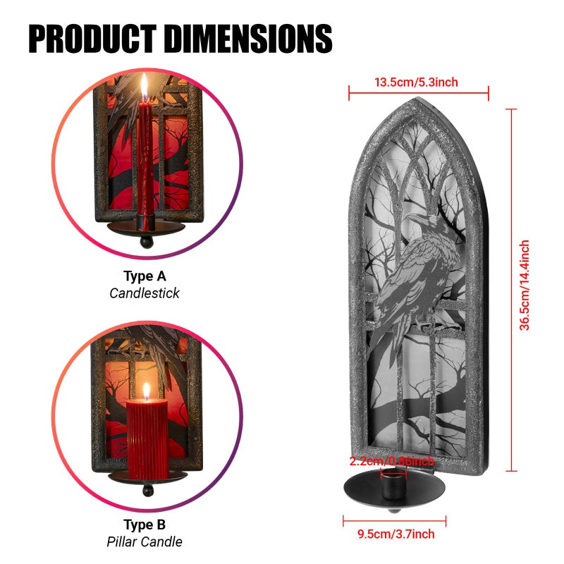 AimtoHome Gothic Wall Candle Sconces Set of 2, Wrought Iron Crow Wall Mounted Candelabra Holder with Removable Trays for Taper & Pillar Candles, Medieval Cathedral Window Design, Dark Academia Decor - Image 3