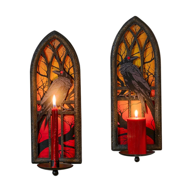 AimtoHome Gothic Wall Candle Sconces Set of 2, Wrought Iron Crow Wall Mounted Candelabra Holder with Removable Trays for Taper & Pillar Candles, Medieval Cathedral Window Design, Dark Academia Decor - Image 1