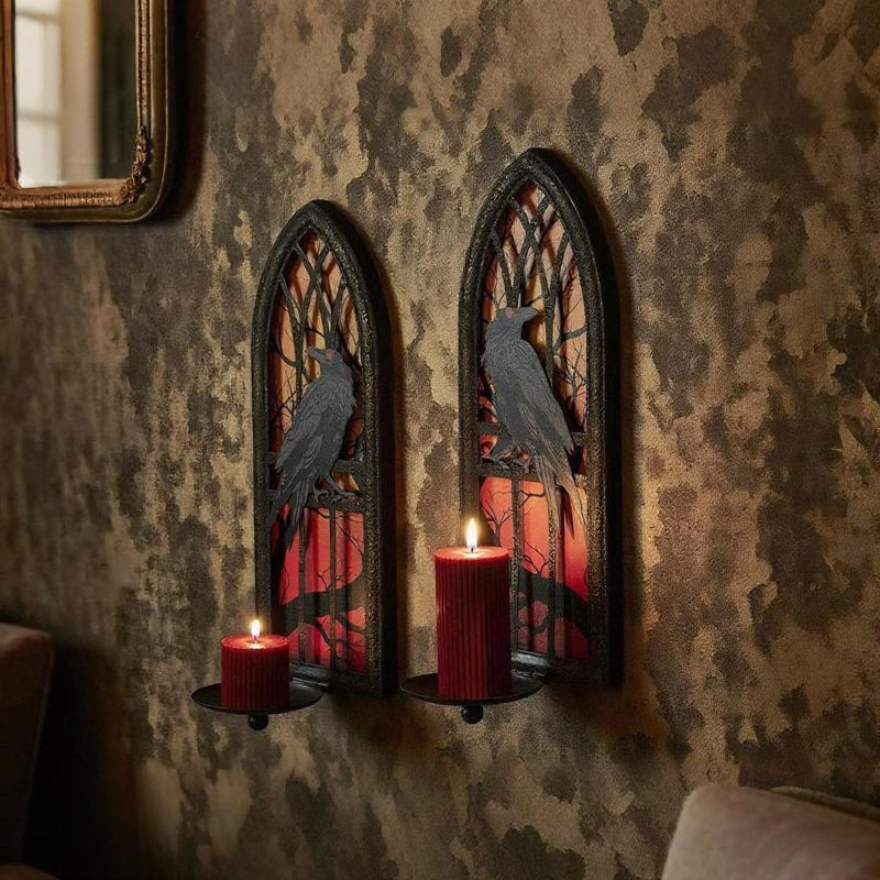 AimtoHome Gothic Wall Candle Sconces Set of 2, Wrought Iron Crow Wall Mounted Candelabra Holder with Removable Trays for Taper & Pillar Candles, Medieval Cathedral Window Design, Dark Academia Decor - Image 5