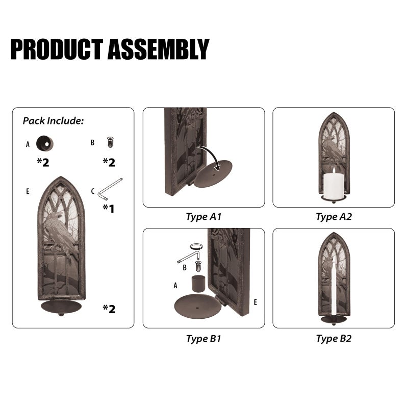 AimtoHome Gothic Wall Candle Sconces Set of 2, Wrought Iron Crow Wall Mounted Candelabra Holder with Removable Trays for Taper & Pillar Candles, Medieval Cathedral Window Design, Dark Academia Decor - Image 4