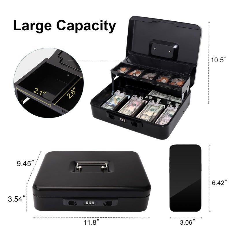 Jssmst Cash Box with Sliding Coin Lid and Snap Latch Combination Lock - Portable Cash Box with Money Tray and Lock, Secure Locking Money Box for Cash Organizer, 11.8L x 9.5W x 3.5H Inches, Black - Image 4