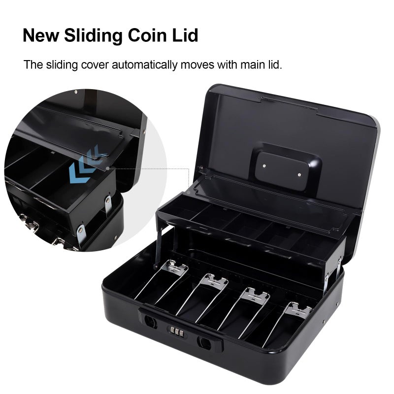 Jssmst Cash Box with Sliding Coin Lid and Snap Latch Combination Lock - Portable Cash Box with Money Tray and Lock, Secure Locking Money Box for Cash Organizer, 11.8L x 9.5W x 3.5H Inches, Black - Image 3