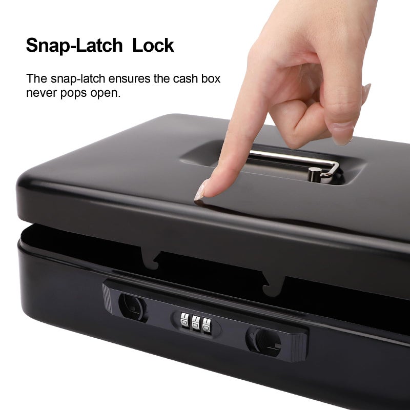Jssmst Cash Box with Sliding Coin Lid and Snap Latch Combination Lock - Portable Cash Box with Money Tray and Lock, Secure Locking Money Box for Cash Organizer, 11.8L x 9.5W x 3.5H Inches, Black - Image 2