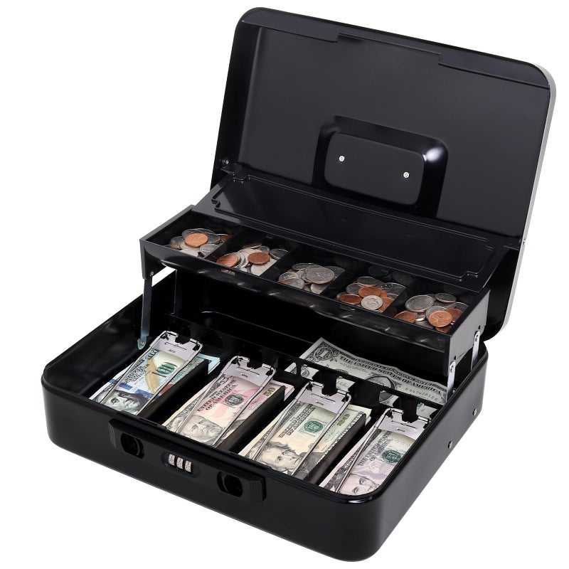Jssmst Cash Box with Sliding Coin Lid and Snap Latch Combination Lock - Portable Cash Box with Money Tray and Lock, Secure Locking Money Box for Cash Organizer, 11.8L x 9.5W x 3.5H Inches, Black - Image 1