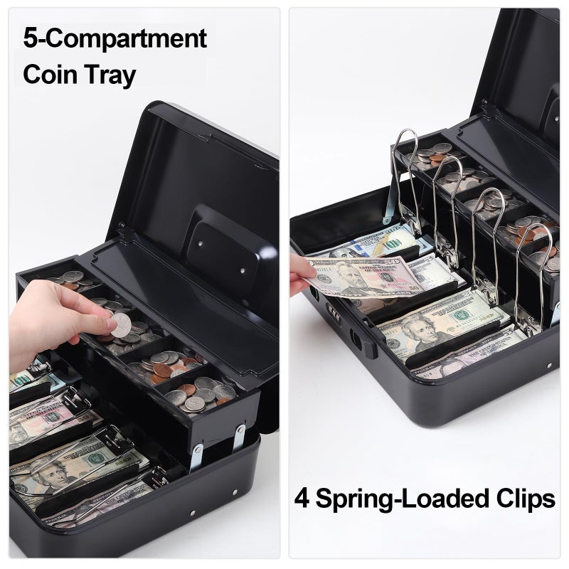 Jssmst Cash Box with Sliding Coin Lid and Snap Latch Combination Lock - Portable Cash Box with Money Tray and Lock, Secure Locking Money Box for Cash Organizer, 11.8L x 9.5W x 3.5H Inches, Black - Image 5