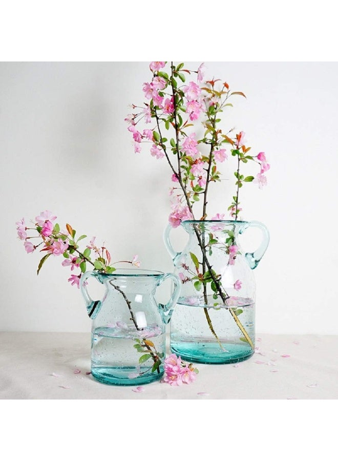 Sunkey Flower Vase Glass Elegant Double Ear Decorative Handmade Air Bubbles Bluish Color Glass Vase for Centerpiece Home Decor Small - Image 2