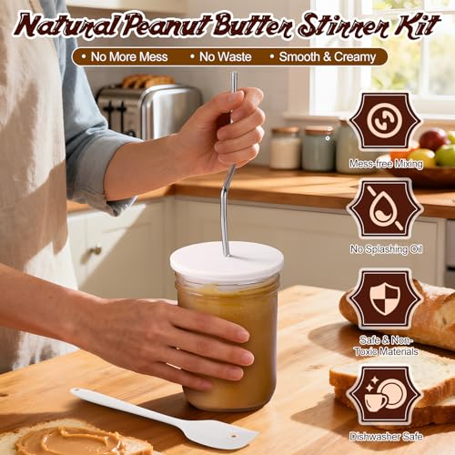 Enhon Natural Peanut Butter Stirrer Kit 113in 304 Stainless Steel Peanut Butter Mixer with Spill Resistant Silicone Lid and Built in Cleaning Hole Spatula for Easy Mixing Almond Jams  Other Sauces - Image 5