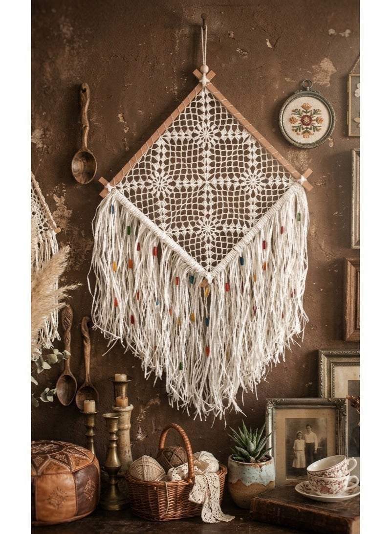 Squared Crochet Dreamcatcher Wall Hanging, Bohemian Style, White with Multicolor Beads, Wooden Frame, Fringe, 50 cm Width (Squared Crochet, Large Size) - Image 5