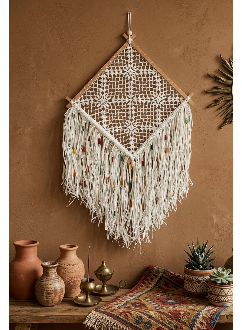 Squared Crochet Dreamcatcher Wall Hanging, Bohemian Style, White with Multicolor Beads, Wooden Frame, Fringe, 50 cm Width (Squared Crochet, Large Size) - Image 4
