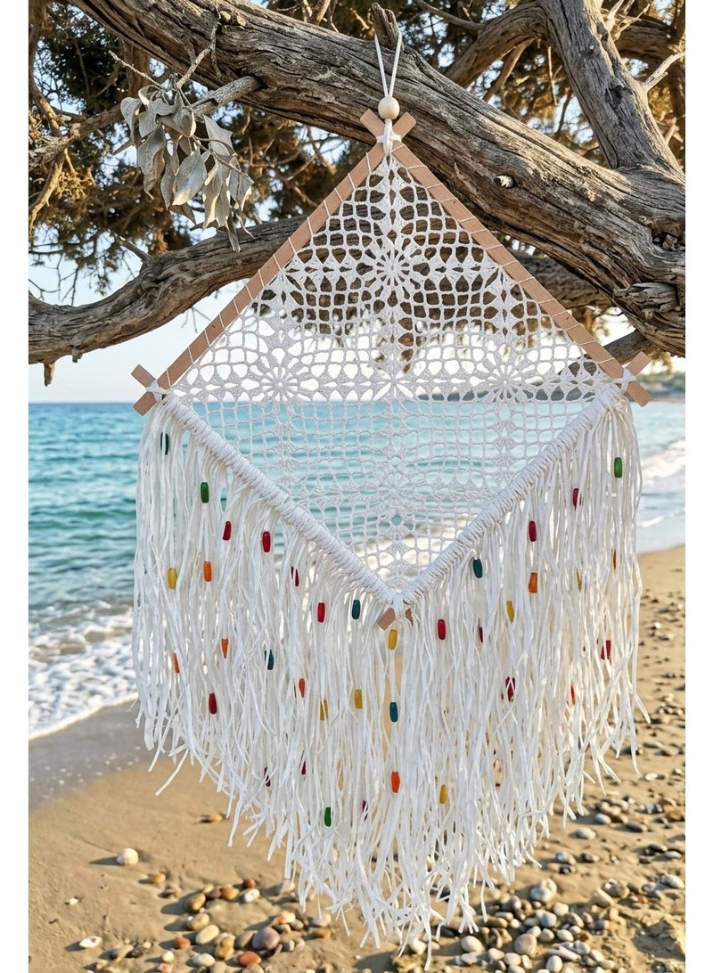 Squared Crochet Dreamcatcher Wall Hanging, Bohemian Style, White with Multicolor Beads, Wooden Frame, Fringe, 50 cm Width (Squared Crochet, Large Size) - Image 2