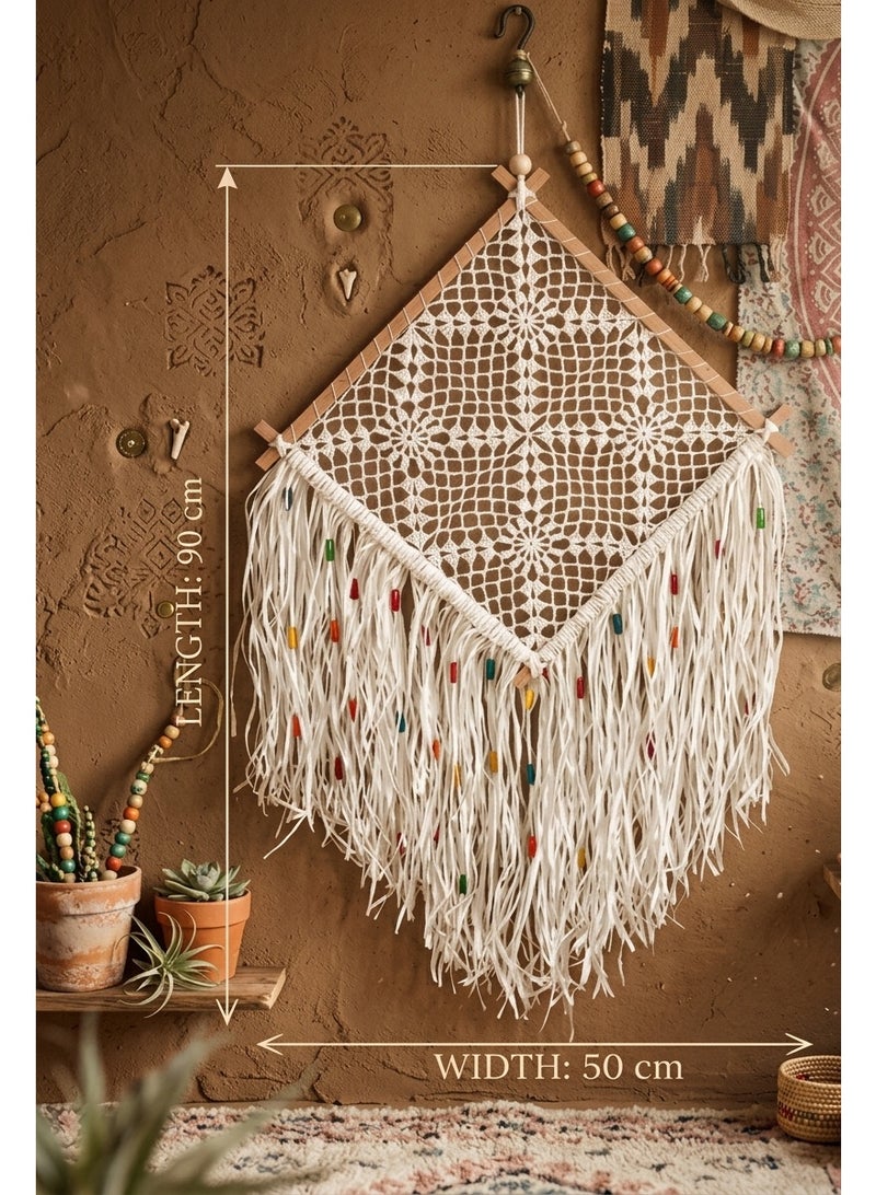 Squared Crochet Dreamcatcher Wall Hanging, Bohemian Style, White with Multicolor Beads, Wooden Frame, Fringe, 50 cm Width (Squared Crochet, Large Size) - Image 3