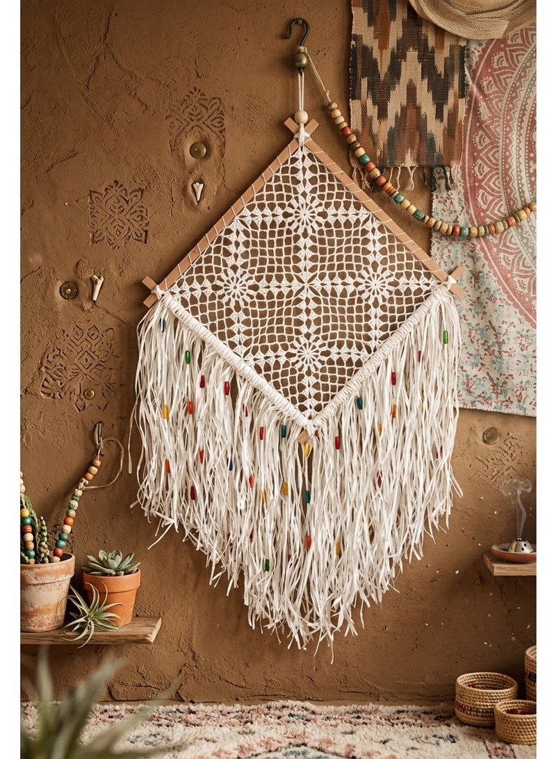Squared Crochet Dreamcatcher Wall Hanging, Bohemian Style, White with Multicolor Beads, Wooden Frame, Fringe, 50 cm Width (Squared Crochet, Large Size) - Image 1