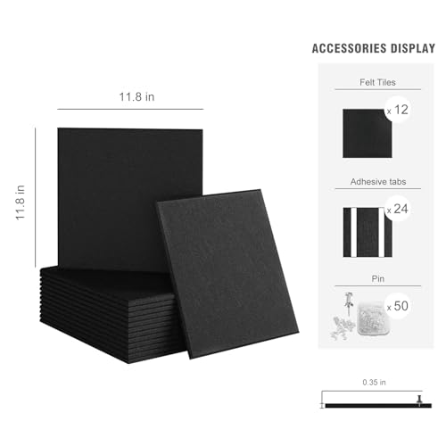 TSJ OFFICE Large Cork Bulletin Board Wall - 48" x 36" Felt Pin Board TSJ OFFICE 12 Pack Tiles Set with 50 Pushpins & Safe Removable Adhesive Tabs, Corkboard for Office Home Office Decor Classroom Display - Black - Image 3