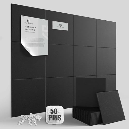 TSJ OFFICE Large Cork Bulletin Board Wall - 48" x 36" Felt Pin Board TSJ OFFICE 12 Pack Tiles Set with 50 Pushpins & Safe Removable Adhesive Tabs, Corkboard for Office Home Office Decor Classroom Display - Black - Image 1