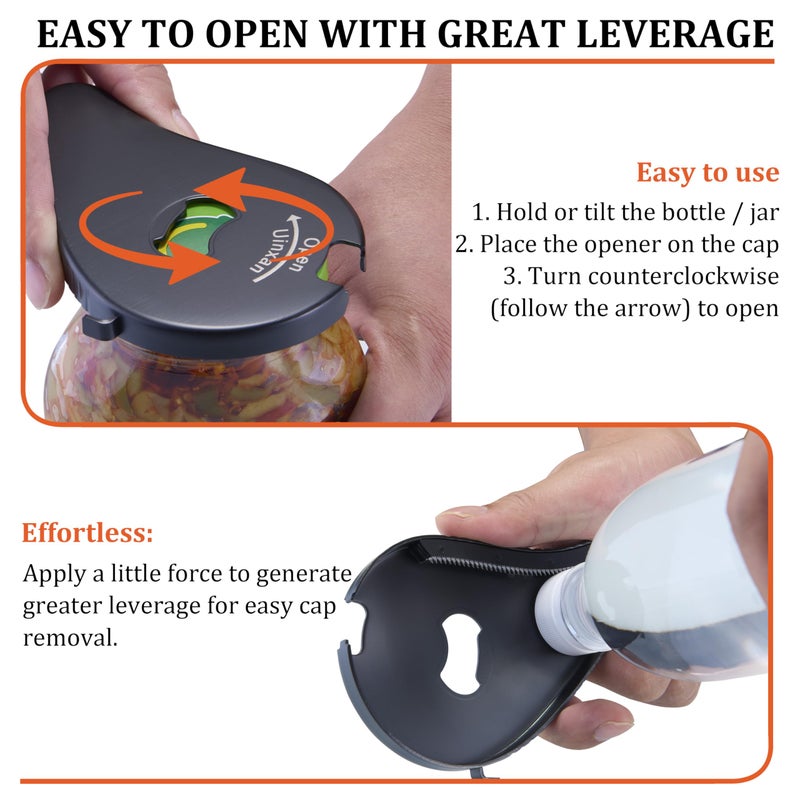 Uinxan Jar Bottle Can Opener for Weak Hand & Seniors with Arthritis-Easy Twist Off Caps (0.6"-2.7") & Pull Tab Seals,Unique Kitchen Gadget,Multi,Portable Christmas Gifts for Elderly/Women/Men (Black) - Image 3