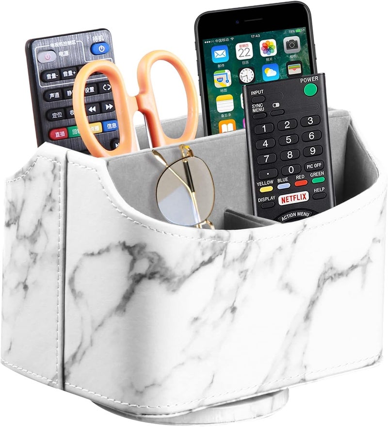 PUSU Leather 360°Rotatable Remote Control Holder,Nightstand TV Remote Caddy,Office Supplies Desktop Organizer,Spinning Storage Box for Pen,Mail,Phone,DVD, Blu-Ray, Media Player, Heater Controllers - Image 1