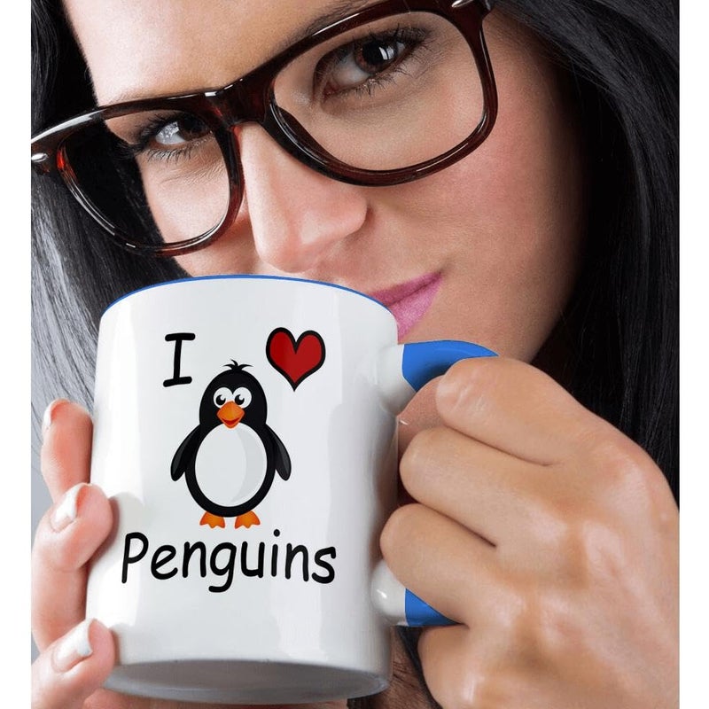 3dRose I love penguins Two Tone Mug, 11 oz, Blue/White - Image 2