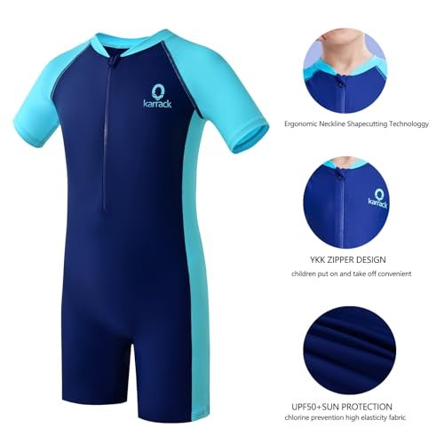 karrack Girls and Boys One Piece Rash Guard Swimsuit Kid Water Sport Short Swimsuits UPF 50+ Sun Protection Bathing Suits Blue - Image 5