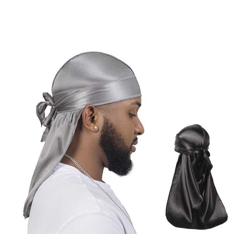 ForceWave 2 Pieces Silky Durag Pack for Men Women Waves, Premium Satin Deluxe Du-rag (Black Gray) - Image 1