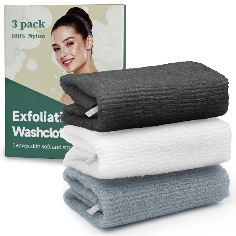 Bathway Exfoliating Washcloth, Nylon Bath Towel Body Scrubber with Hanging Strap, Back Scrubber for Shower Japanese Washcloth Loofah - Deep Clean & Rich Lather (Black & White & Gray, Pack of 3) - Image 1