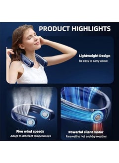 LOOPITYS Portable Bladeless Neck Fan, Rechargeable Personal Fan Portable, USB Neck Cooling Fan, with LED Display, 5 Speeds and Hands-Free Design, for Travel, Outdoor, Indoor,Sports and fitness (Blue)  - Image 3