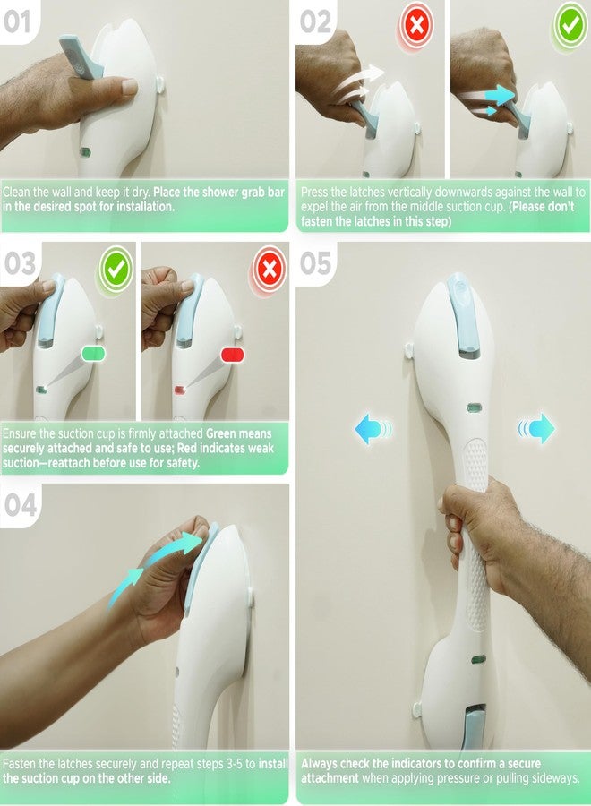 KosmoCare Suction Grab Bar | 17 Inch Tool-Free Shower Handle |Safety Suction Grab Bars with Indicator |Portable Safety Rail for Elderly, Handicap, Seniors | Suction Grip for Bathroom & Bathtubs (Blue) - Image 5