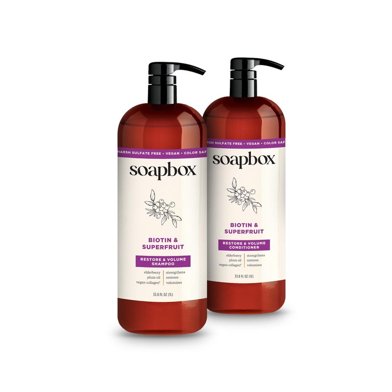 Soapbox Biotin & Superfruit Shampoo & Conditioner Set with Vegan Collagen, Aloe and Shea Butter, Harsh Sulfate Free, Paraben & Silicone Free, 1 Liter Each (Pack of 2) - Image 1