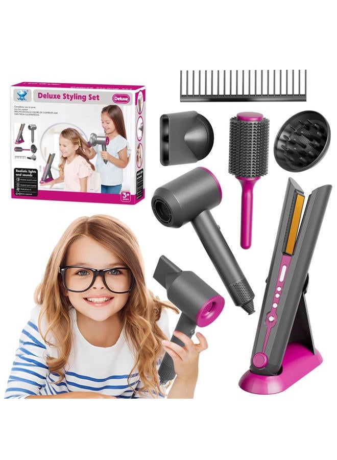PIXATA Girls Hair Salon Toys for Girls Beauty Salon Deluxe Styling Set -Kids Hair Dryer Toy, Straightener Hairdryer with Real Function, Interactive Lights & Sounds Fashion Play Set for Children Age 3+ - Image 1