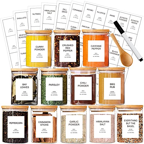 GPOVVIMX 12 Pcs Glass Spice Jars with Bamboo Airtight Lids and 191 Labels  85oz Small Food Storage Containers for Kitchen Seasoning Coffee Herb  Spoon and Marker Included