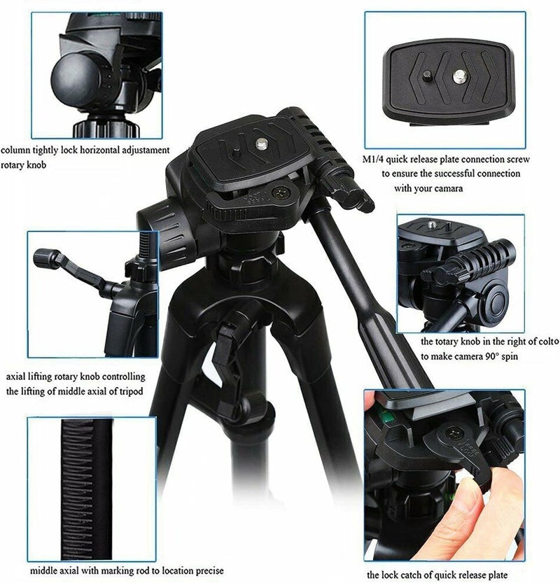 Tripod 3520 Stand Professional Camera with 3-Way Pan Head, 360° Rotation, Adjustable Height 50-140cm, Quick Release Plate, Aluminium Alloy, Carrying Bag, Phone Holder for DSLR and Smartphones - Image 4