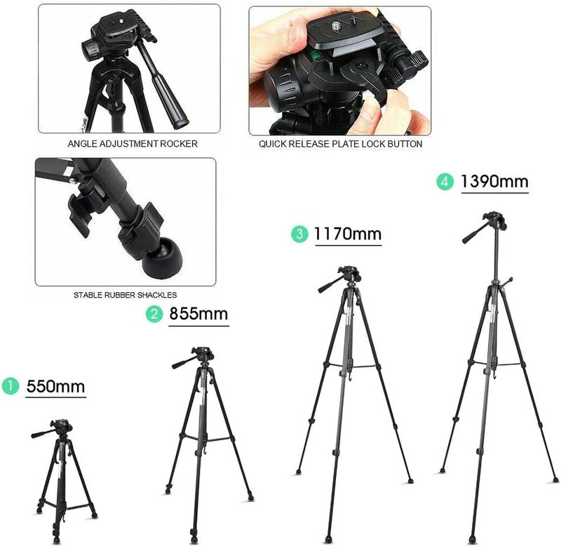 Tripod 3520 Stand Professional Camera with 3-Way Pan Head, 360° Rotation, Adjustable Height 50-140cm, Quick Release Plate, Aluminium Alloy, Carrying Bag, Phone Holder for DSLR and Smartphones - Image 2